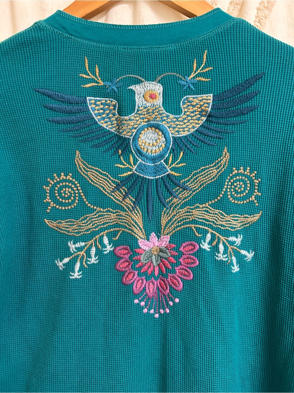 Johnny Was Sisa Embroidered Waffle Knit Thermal Henley in Quetzal Green Size M - Picture 11 of 11